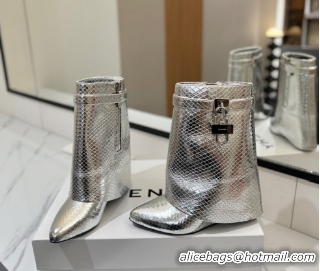 Charming Givenchy Shark Lock Wedge Ankle Boots 8.5cm in Snakeskin Embossed Leather 1210016 Silver 2026
