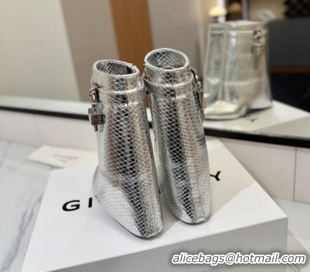 Charming Givenchy Shark Lock Wedge Ankle Boots 8.5cm in Snakeskin Embossed Leather 1210016 Silver 2026