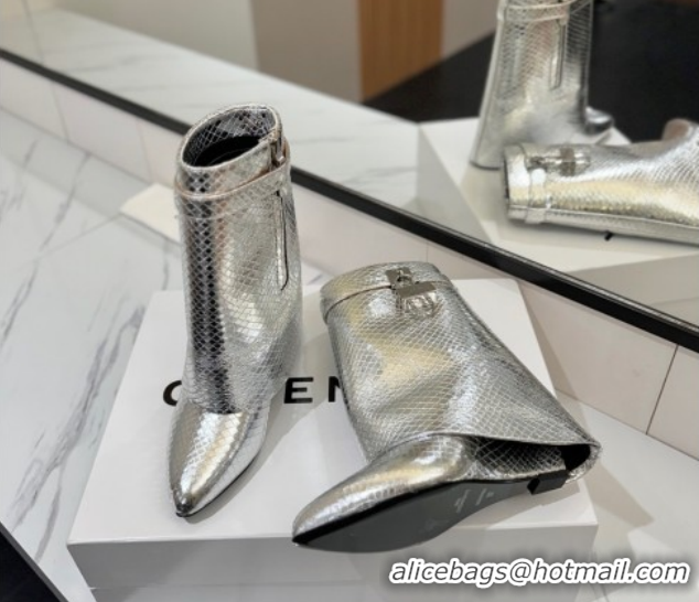Charming Givenchy Shark Lock Wedge Ankle Boots 8.5cm in Snakeskin Embossed Leather 1210016 Silver 2026