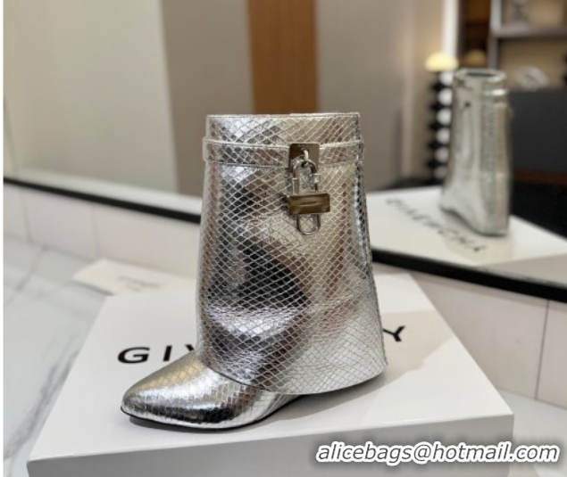 Charming Givenchy Shark Lock Wedge Ankle Boots 8.5cm in Snakeskin Embossed Leather 1210016 Silver 2026