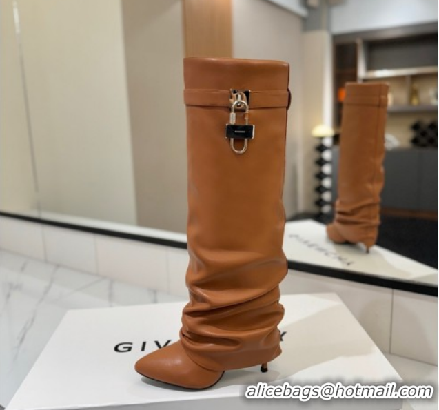 Best Product Givenchy Shark Lock Heel High Boots 10.5cm in Calfskin Leather Brown 1210027 2026
