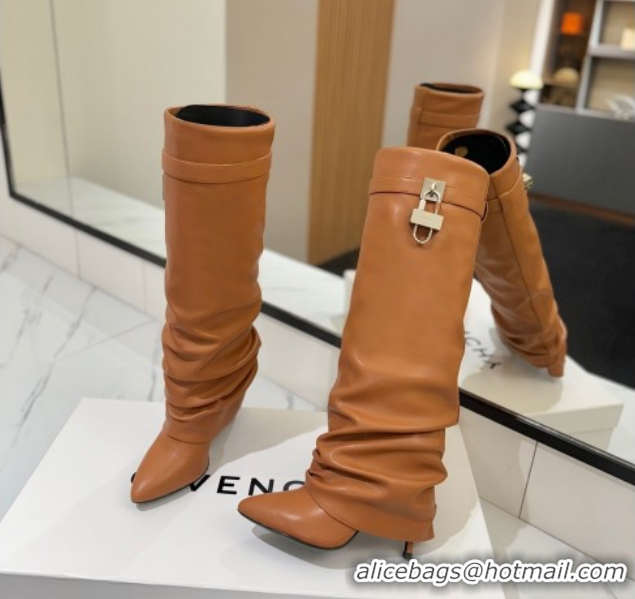 Best Product Givenchy Shark Lock Heel High Boots 10.5cm in Calfskin Leather Brown 1210027 2026