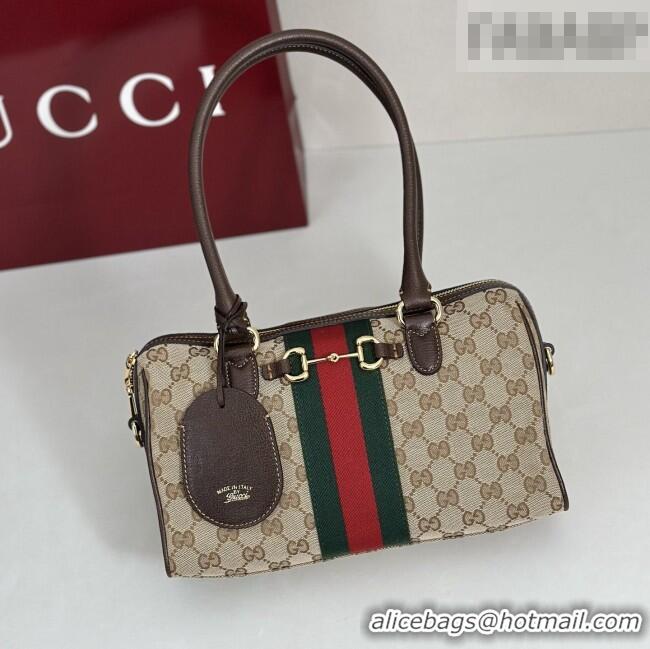 Pretty Style Gucci Borsetto Medium Boston Bag in Sand & Dark Brown GG Canvas 866732 2026