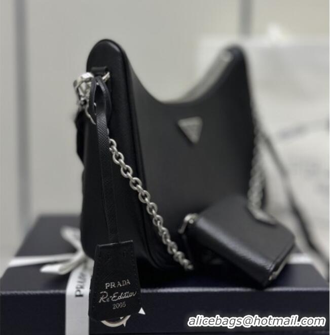 Top Design Prada Re-Edition 2005 Saffiano leather bag 1BH204 Black/Silver 2026