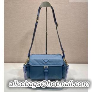 Luxury Discount Prada Explore medium Re-Nylon shoulder bag with flap 1BD394 Blue 2026