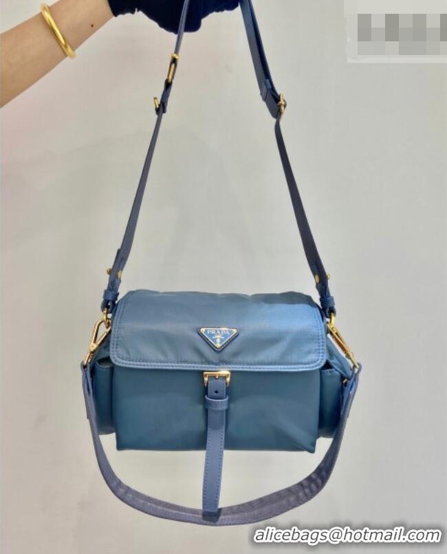 Luxury Discount Prada Explore medium Re-Nylon shoulder bag with flap 1BD394 Blue 2026