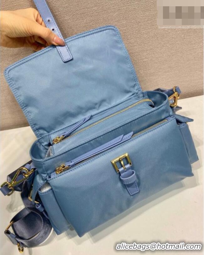 Luxury Discount Prada Explore medium Re-Nylon shoulder bag with flap 1BD394 Blue 2026