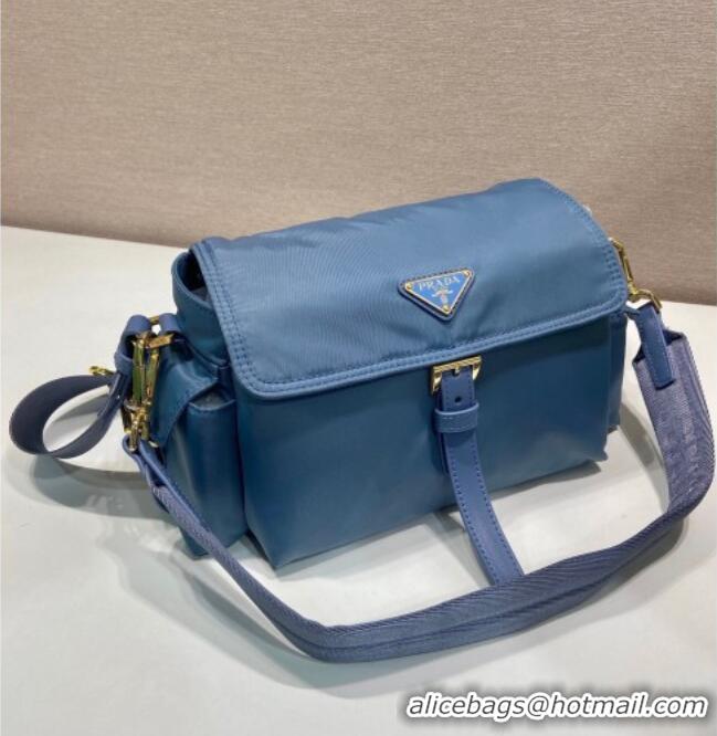 Luxury Discount Prada Explore medium Re-Nylon shoulder bag with flap 1BD394 Blue 2026