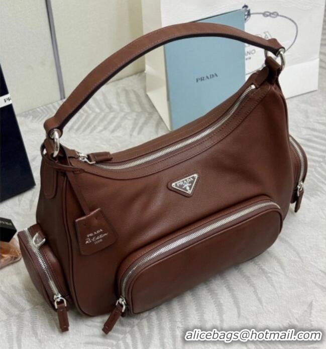 Luxury Cheap Prada Medium washed leather hobo bag 1BC276 Cocoa Brown 2026