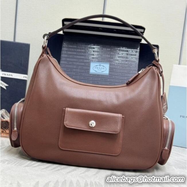 Luxury Cheap Prada Medium washed leather hobo bag 1BC276 Cocoa Brown 2026