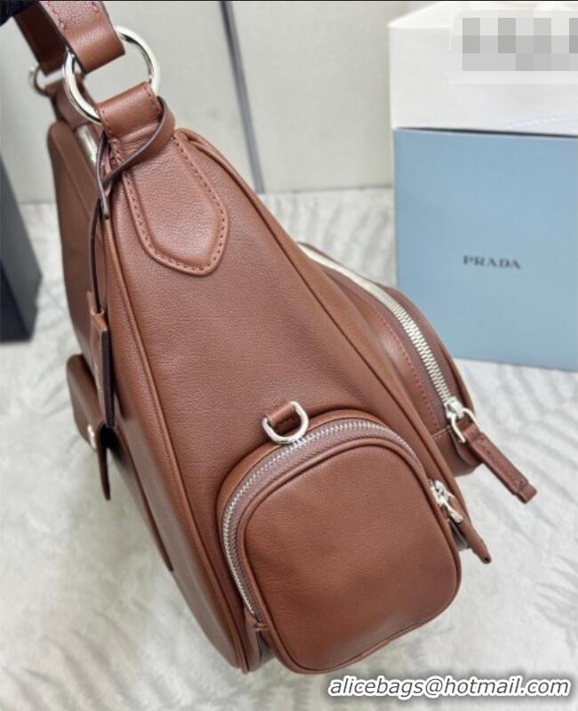 Luxury Cheap Prada Medium washed leather hobo bag 1BC276 Cocoa Brown 2026