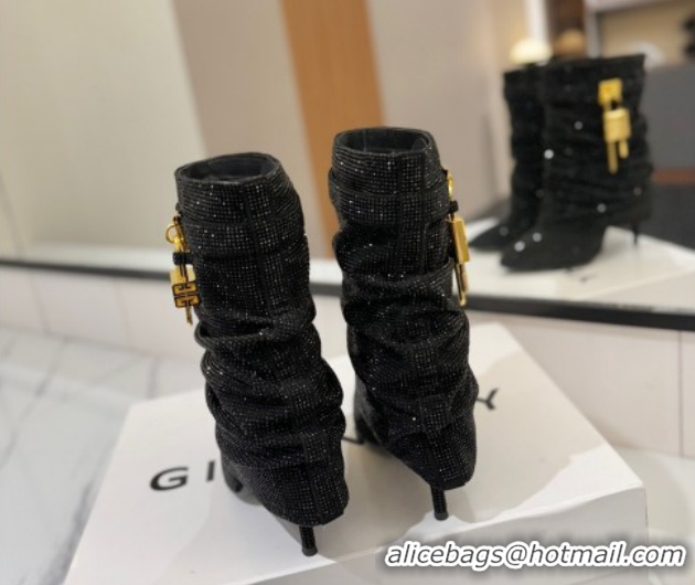 Pretty Style Givenchy Shark Lock Heel Ankle Boots 10.5cm in Strass Allover Black 1210041