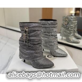 Stylish Givenchy Shark Lock Heel Ankle Boots 10.5cm in Strass Allover Silver/Black 1210040