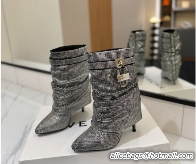 Stylish Givenchy Shark Lock Heel Ankle Boots 10.5cm in Strass Allover Silver/Black 1210040
