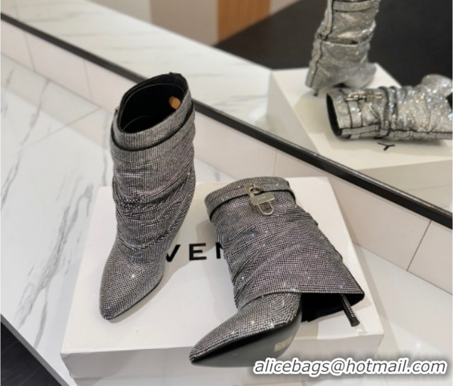 Stylish Givenchy Shark Lock Heel Ankle Boots 10.5cm in Strass Allover Silver/Black 1210040