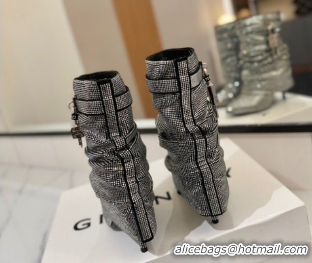 Stylish Givenchy Shark Lock Heel Ankle Boots 10.5cm in Strass Allover Silver/Black 1210040