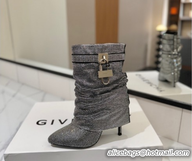 Stylish Givenchy Shark Lock Heel Ankle Boots 10.5cm in Strass Allover Silver/Black 1210040