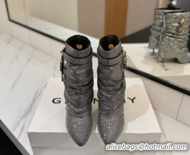 Stylish Givenchy Shark Lock Heel Ankle Boots 10.5cm in Strass Allover Silver/Black 1210040