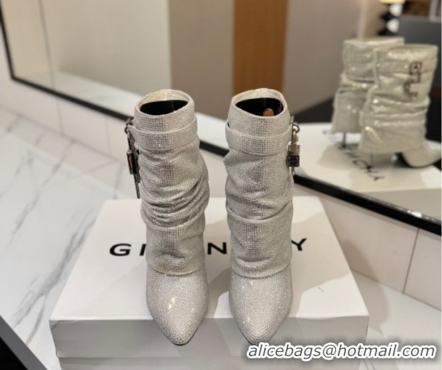 Best Grade Givenchy Shark Lock Heel Ankle Boots 10.5cm in Strass Allover Silver 1210043