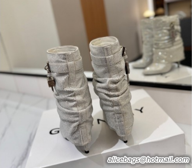 Best Grade Givenchy Shark Lock Heel Ankle Boots 10.5cm in Strass Allover Silver 1210043
