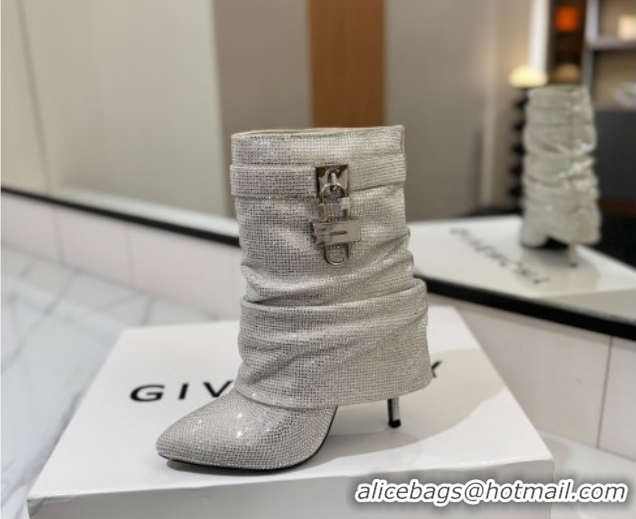 Best Grade Givenchy Shark Lock Heel Ankle Boots 10.5cm in Strass Allover Silver 1210043