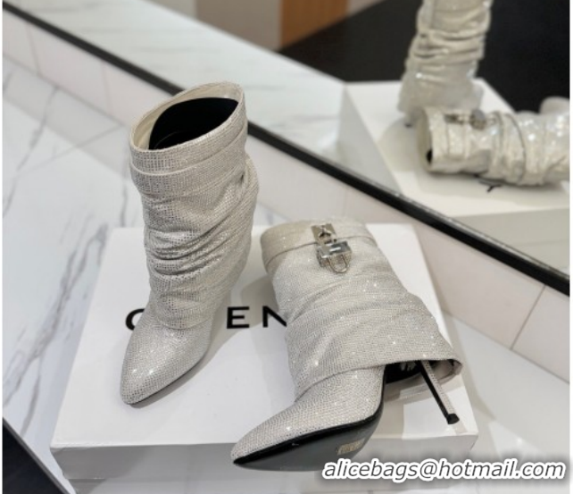 Best Grade Givenchy Shark Lock Heel Ankle Boots 10.5cm in Strass Allover Silver 1210043