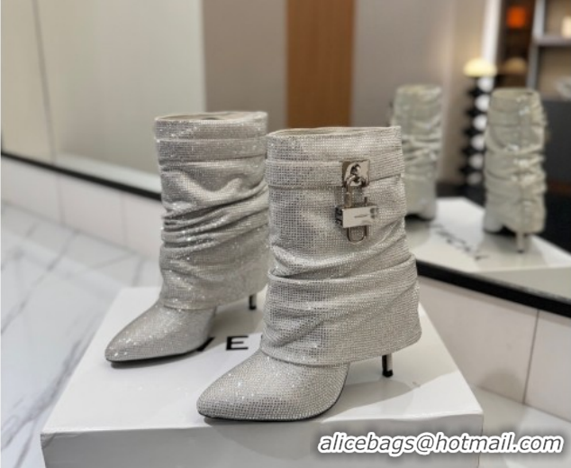 Best Grade Givenchy Shark Lock Heel Ankle Boots 10.5cm in Strass Allover Silver 1210043