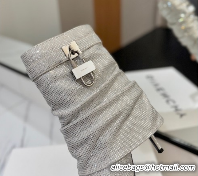 Best Grade Givenchy Shark Lock Heel Ankle Boots 10.5cm in Strass Allover Silver 1210043