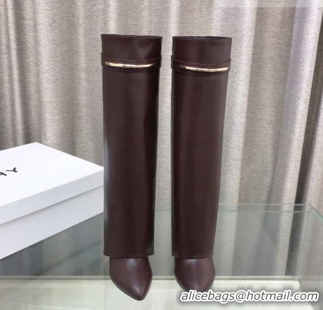 Grade Quality Givenchy Shark Wedge High Boots 9.5cm in Shiny Calfskin Leather Dark Brown 0226073