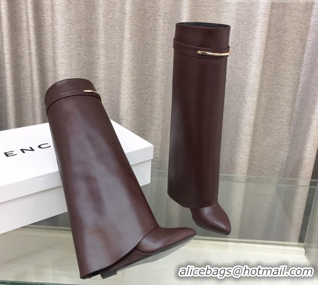 Grade Quality Givenchy Shark Wedge High Boots 9.5cm in Shiny Calfskin Leather Dark Brown 0226073