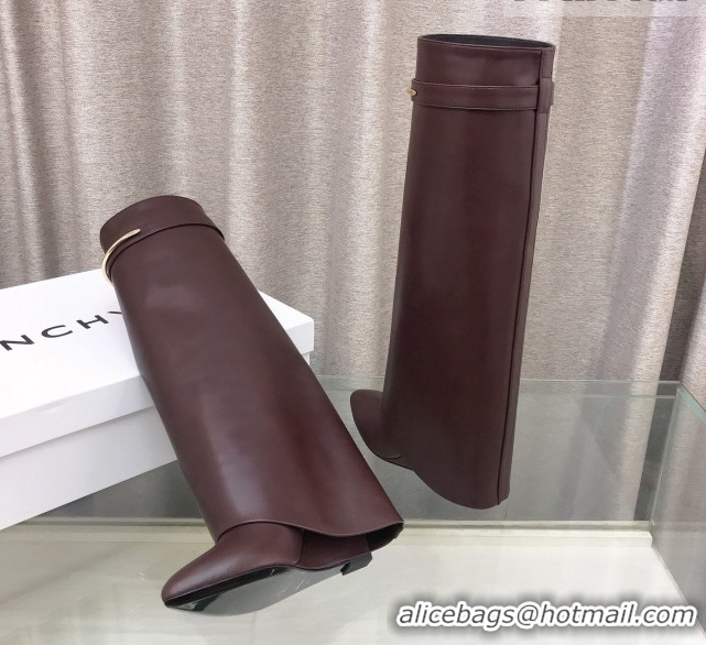 Grade Quality Givenchy Shark Wedge High Boots 9.5cm in Shiny Calfskin Leather Dark Brown 0226073