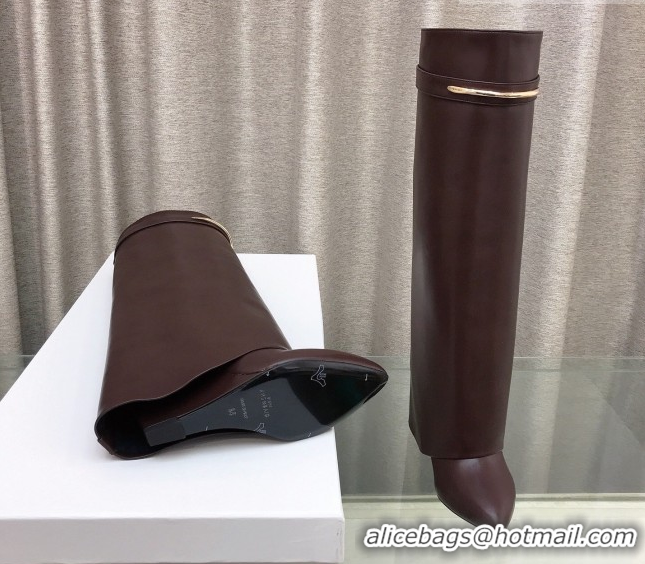 Grade Quality Givenchy Shark Wedge High Boots 9.5cm in Shiny Calfskin Leather Dark Brown 0226073