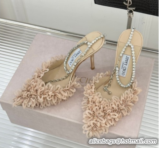 Classic Hot Jimmy Choo Mesh Pumps 10cm with Petal Embroidery and Strass Strap Beige 60206094 2026