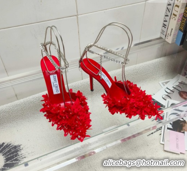 Purchase Jimmy Choo Mesh Pumps 10cm with Petal Embroidery and Strass Strap Red 0206095 2026