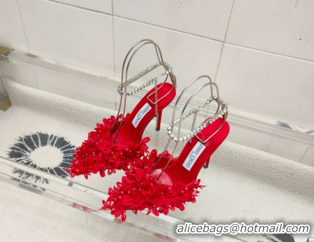 Purchase Jimmy Choo Mesh Pumps 10cm with Petal Embroidery and Strass Strap Red 0206095 2026