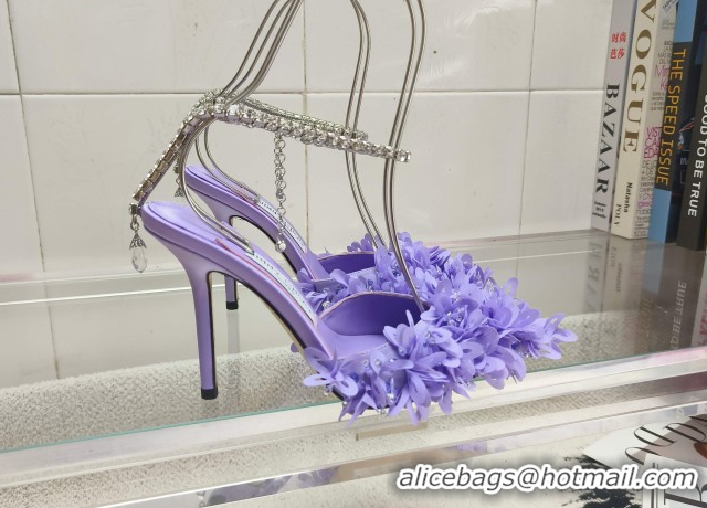 Pretty Style Jimmy Choo Mesh Pumps 10cm with Petal Embroidery and Strass Strap Light Purple 0206097 2026