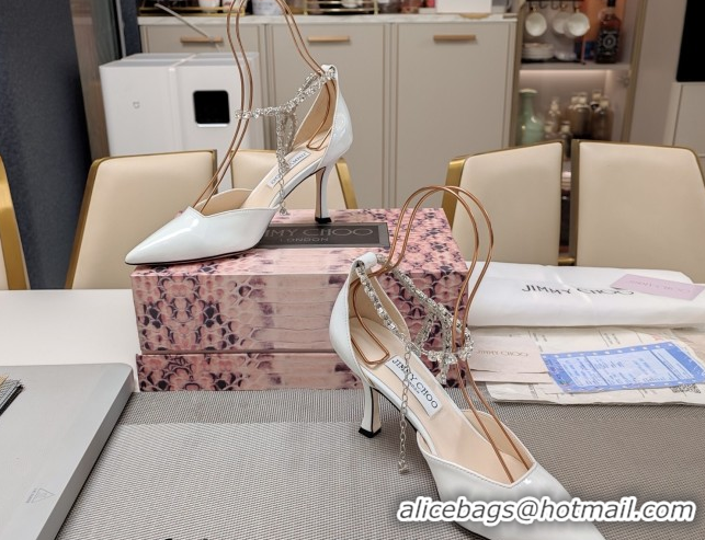 Popular Style Jimmy Choo Stevie Pumps 8cm in Patent Leather with Strass Strap White 0206104 2026