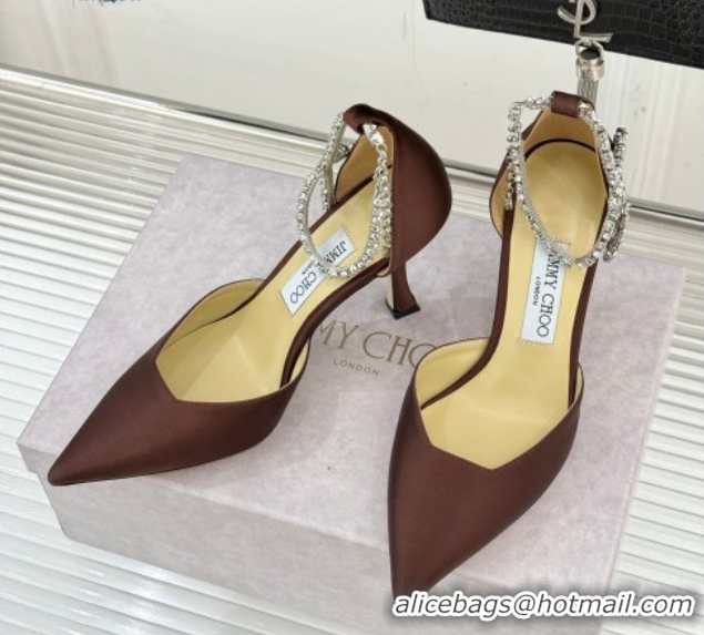 Low Price Jimmy Choo Stevie Pumps 9cm in Satin with Strass Strap Brown 0206106 2026