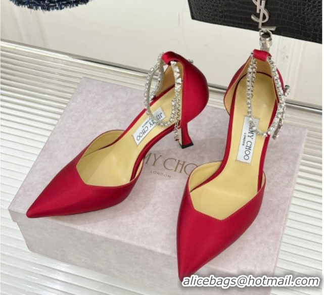 Low Cost Jimmy Choo Stevie Pumps 9cm in Satin with Strass Strap Red 0206107 2026