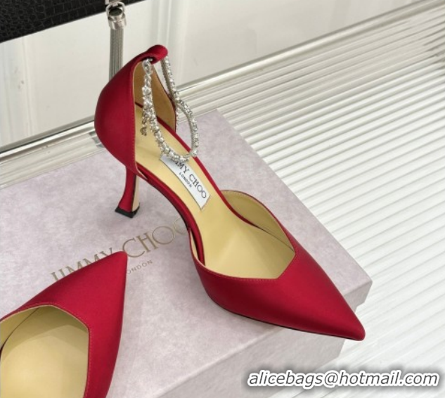 Low Cost Jimmy Choo Stevie Pumps 9cm in Satin with Strass Strap Red 0206107 2026