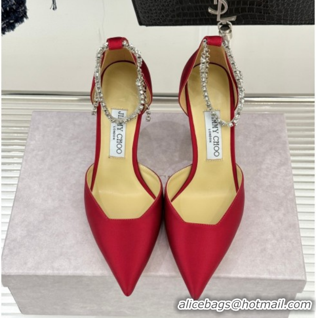 Low Cost Jimmy Choo Stevie Pumps 9cm in Satin with Strass Strap Red 0206107 2026