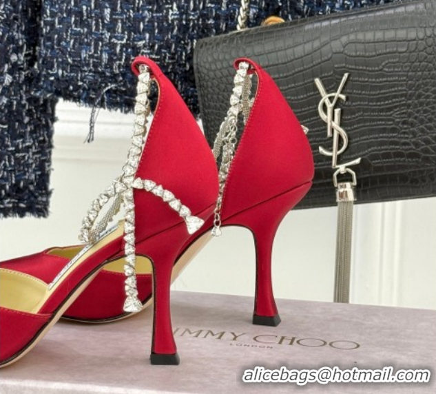 Low Cost Jimmy Choo Stevie Pumps 9cm in Satin with Strass Strap Red 0206107 2026