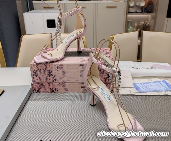 Luxurious Jimmy Choo Satin Heel Sandals 7cm with Strass Strap JC020601 Light Pink 2026