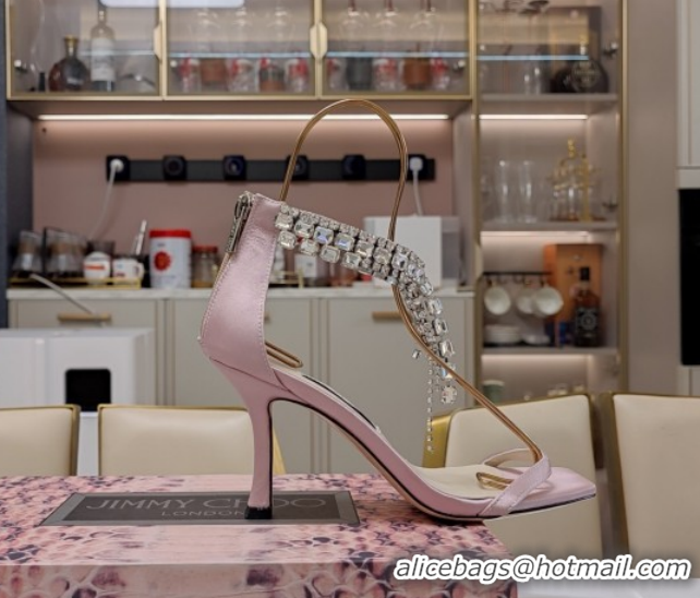 Luxurious Jimmy Choo Satin Heel Sandals 7cm with Strass Strap JC020601 Light Pink 2026