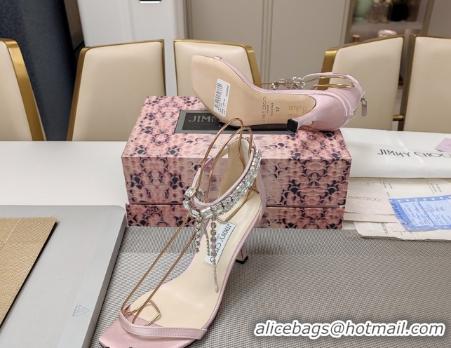 Luxurious Jimmy Choo Satin Heel Sandals 7cm with Strass Strap JC020601 Light Pink 2026