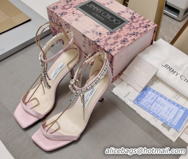 Luxurious Jimmy Choo Satin Heel Sandals 7cm with Strass Strap JC020601 Light Pink 2026