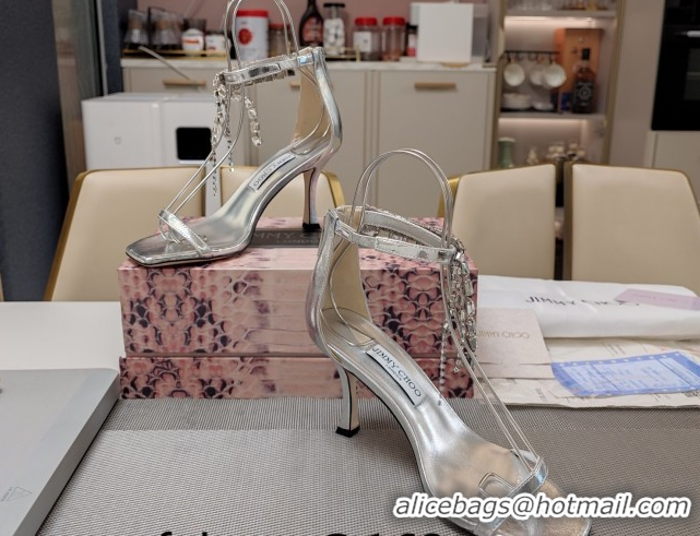 Top Design Jimmy Choo Satin Heel Sandals 7cm with Strass Strap JC020601 Silver-Tone 2026