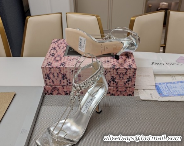 Top Design Jimmy Choo Satin Heel Sandals 7cm with Strass Strap JC020601 Silver-Tone 2026