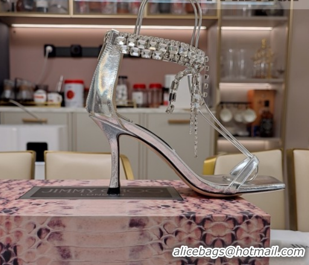 Top Design Jimmy Choo Satin Heel Sandals 7cm with Strass Strap JC020601 Silver-Tone 2026