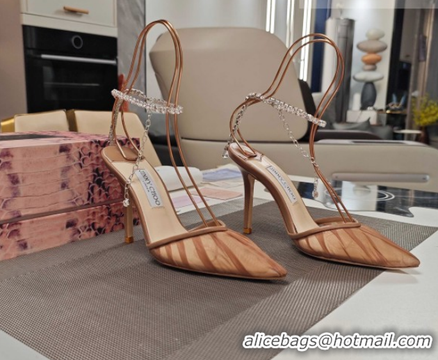 Good Quality Jimmy Choo Saeda Heel Pumps 10cm in Tulle Mesh with Strass Strap Brown 0206115 2026